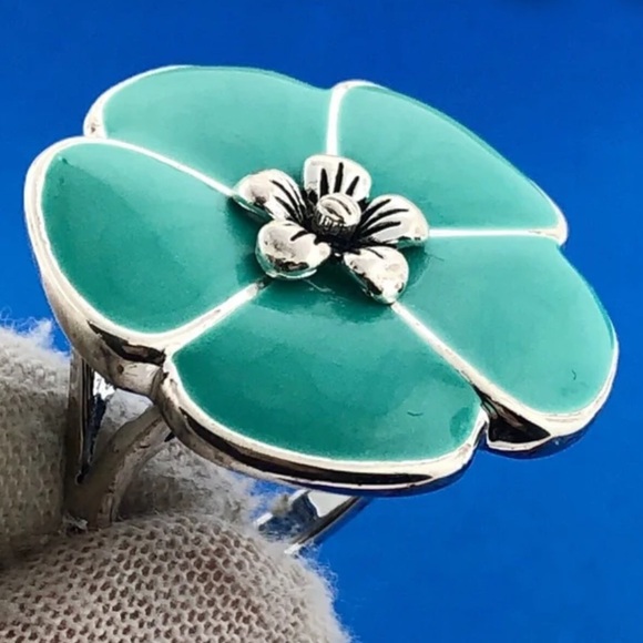 Premier Designs Silver Plate Turquoise Aqua Enamel Flower Statement Ring NIB - Picture 1 of 9
